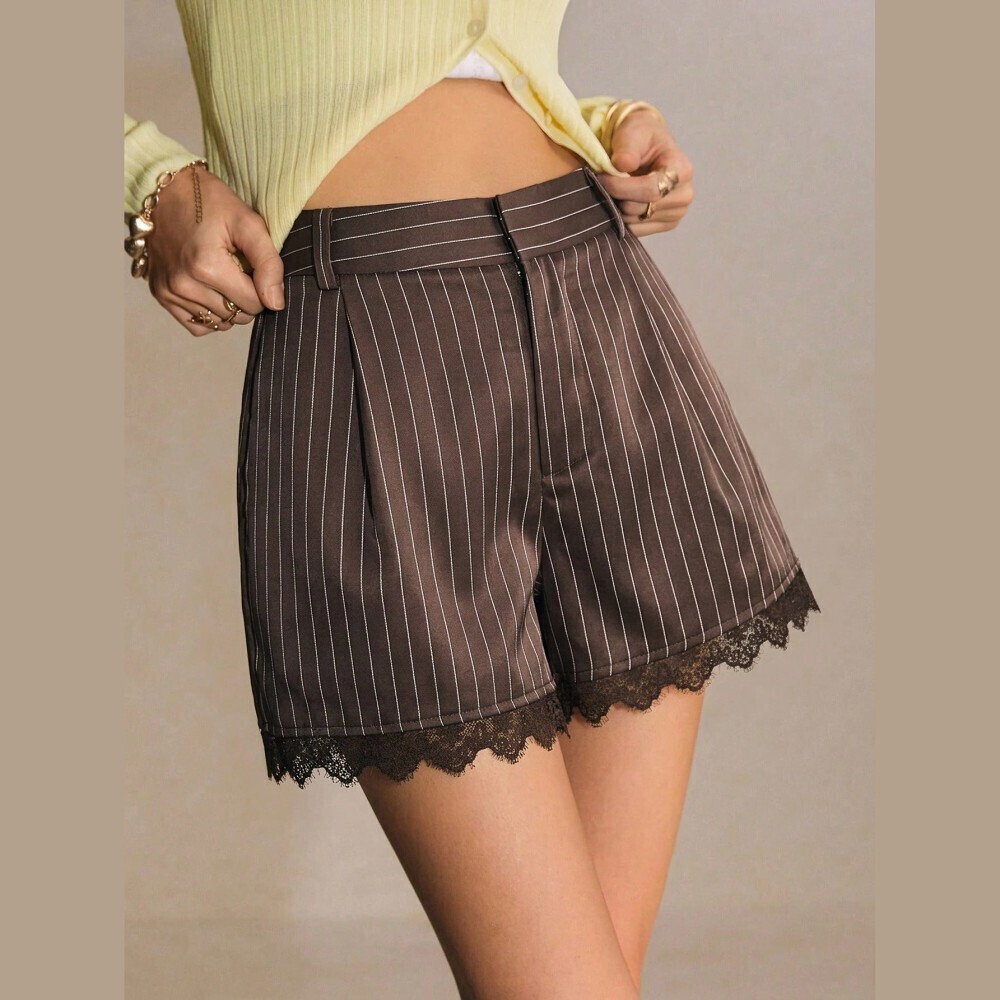 Brown Pinstripe Lace Trim High Waist Mini Shorts